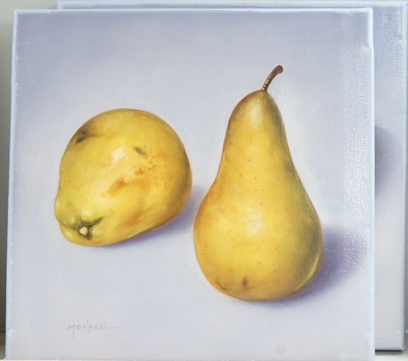 Monreal, pair of Contemporary oils on canvas, Still lifes of apples and pears, 30 x 30cm, unframed